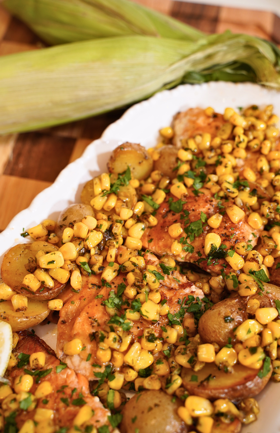 MAPLE-DIJON SALMON WITH BROWN BUTTER CORN & CRISPY POTATOES