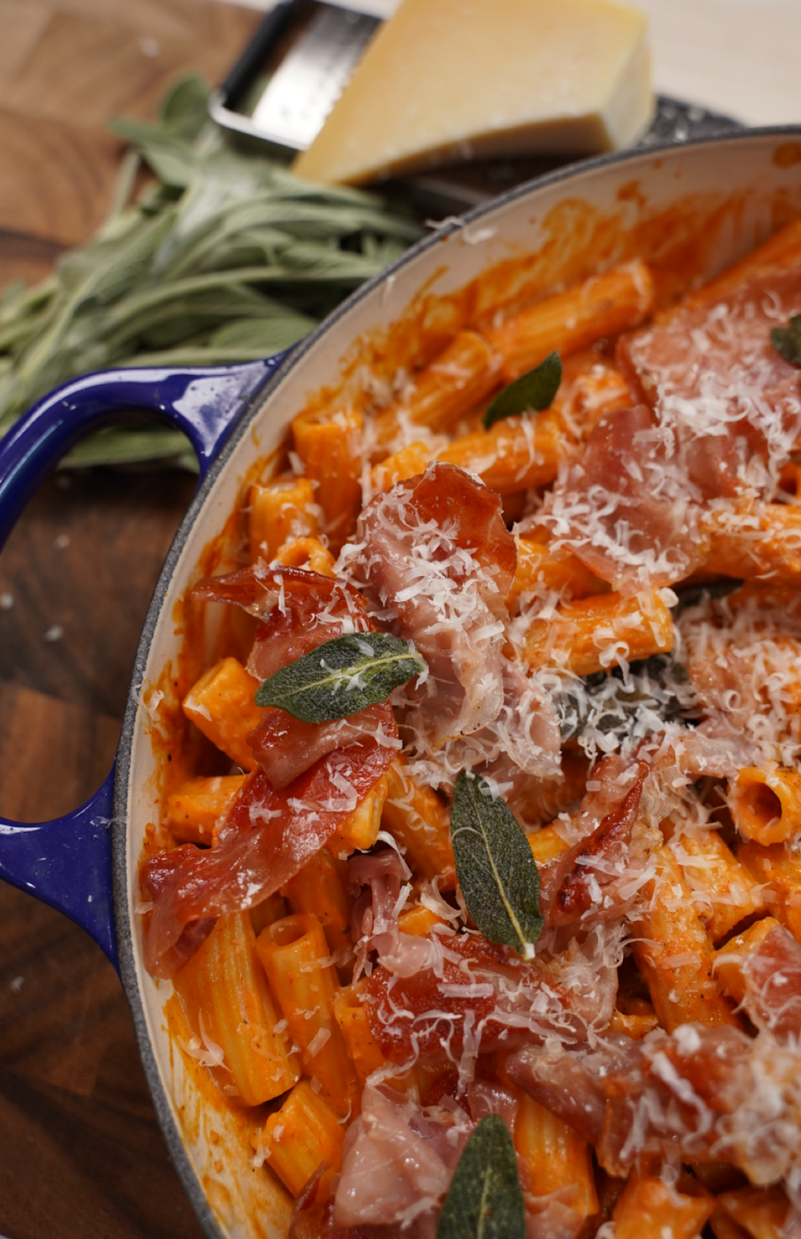 CREAMY PUMPKIN VODKA RIGATONI WITH CRISPY PROSCIUTTO