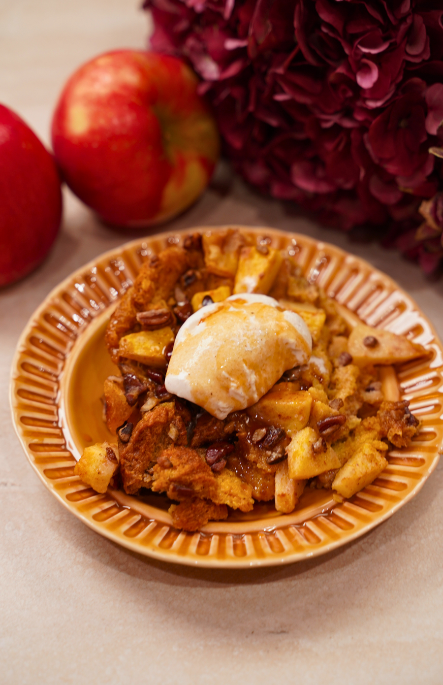 WARM APPLE BUTTER CINNAMON BREAD PUDDING WITH BOURBON CARAMEL