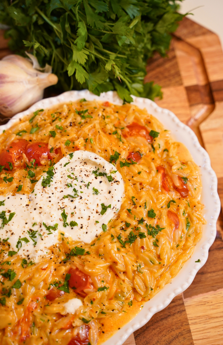 CREAMY ROASTED TOMATO AND GARLIC PARMESAN ORZO