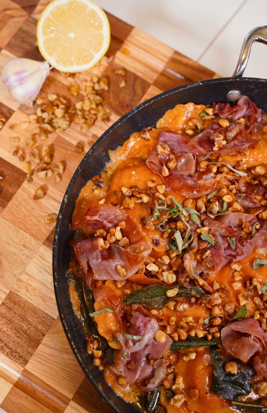 BROWN BUTTER BUTTERNUT SQUASH RAVIOLI WITH SAGE & CRISPY PROSCIUTTO