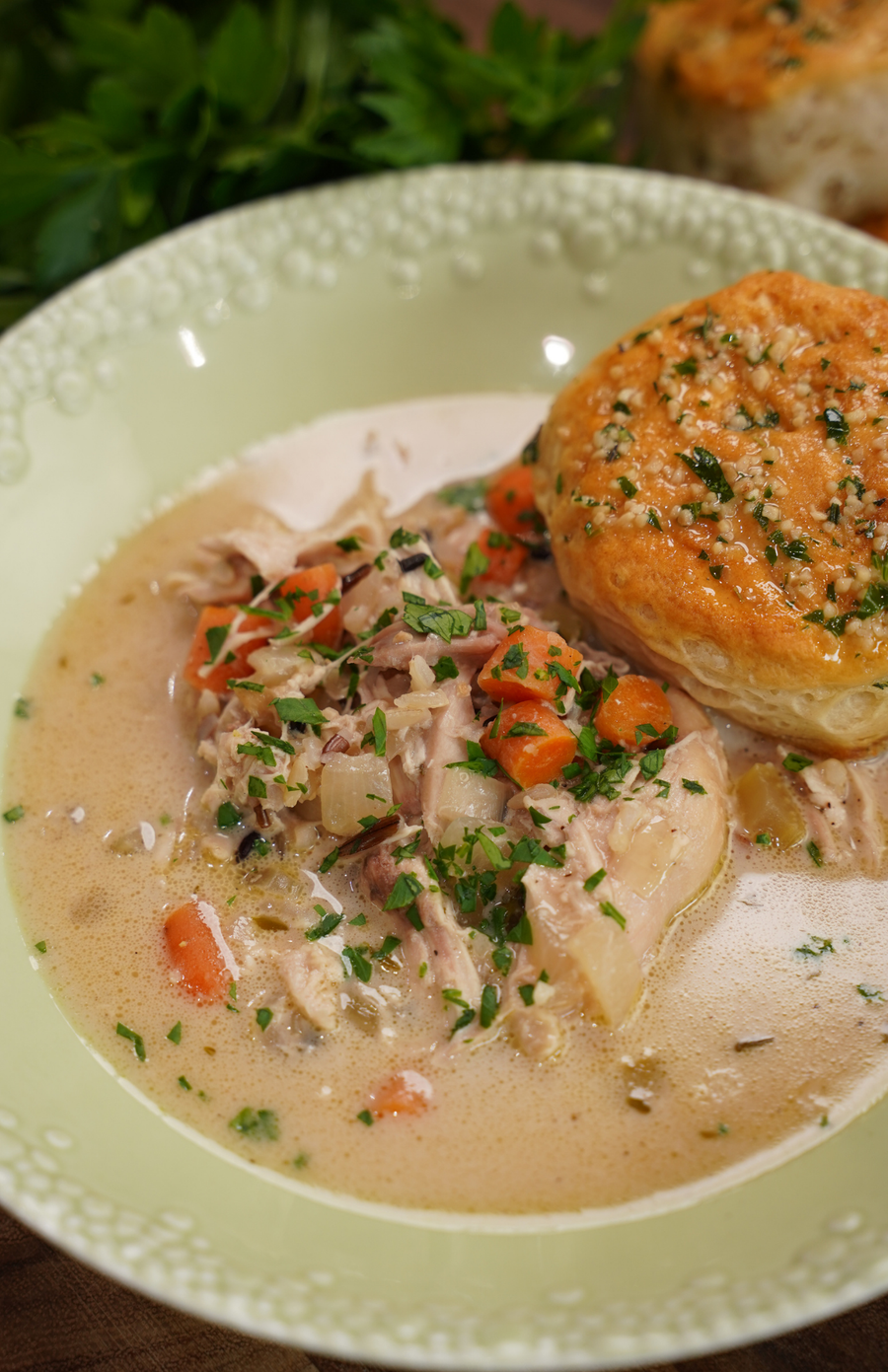 CREAMY CHICKEN & WILD RICE SOUP WITH GARLIC HERB BISCUITS